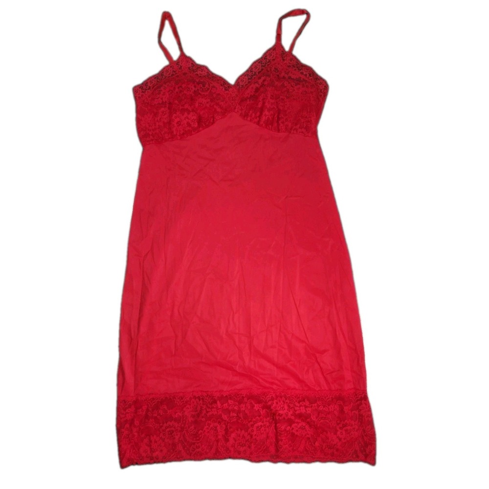 Vintage Van Raalte Red Nylon Lace Full Slip Suze 36 Made In USA